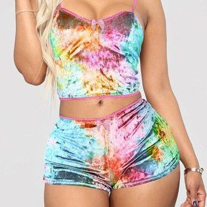 Women's Velvet Tie Dye Print Two Piece Set Crop Top Shorts SMALL THROUGH XXL